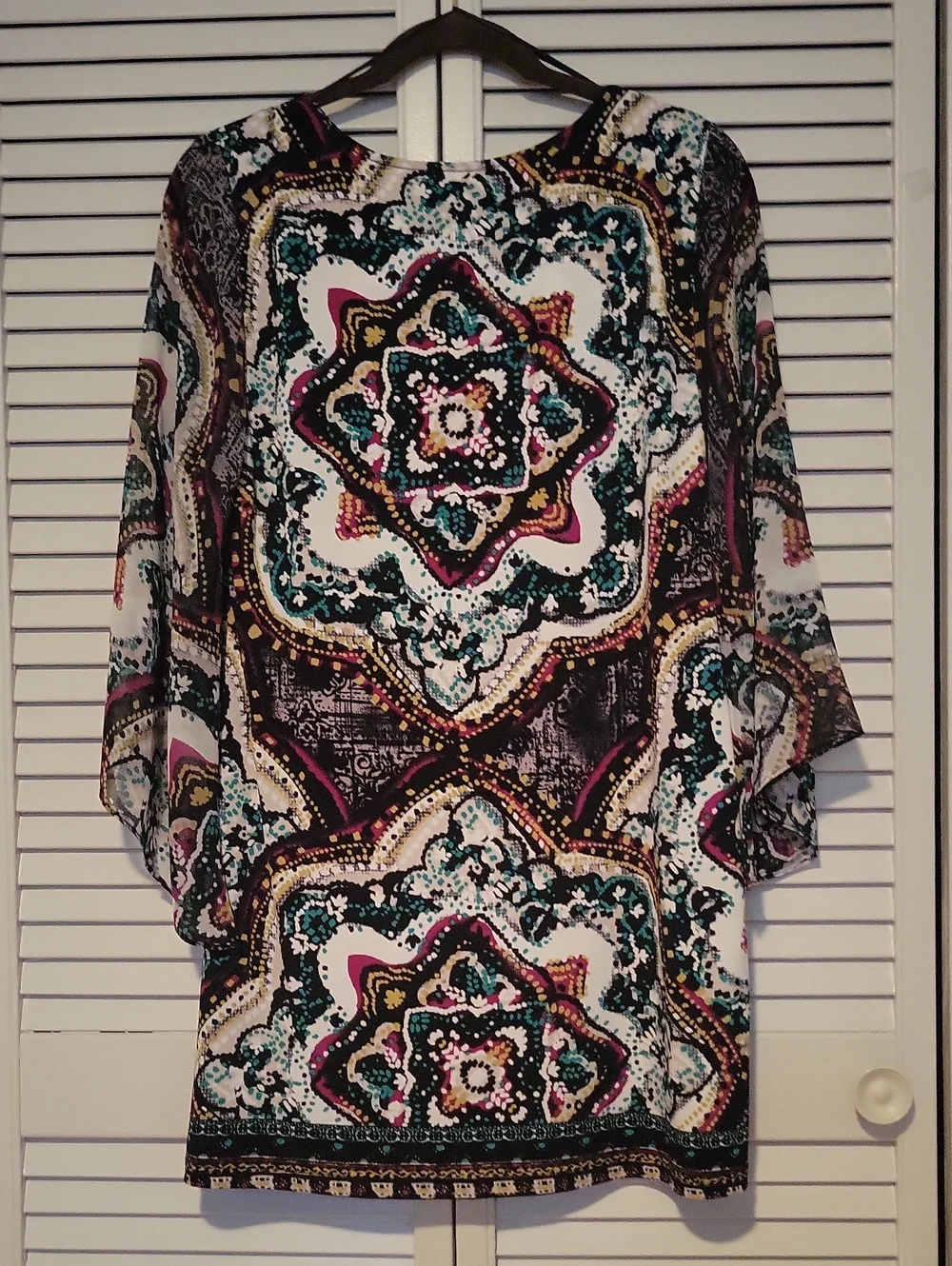 Patterned Boho Tunic Top in White, Teal & Pink & Black